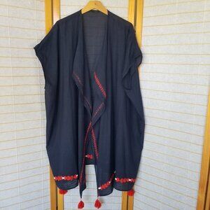 J.Crew Open Beach Poncho Navy Blue Red Hearts Embroidery Tassels One Size